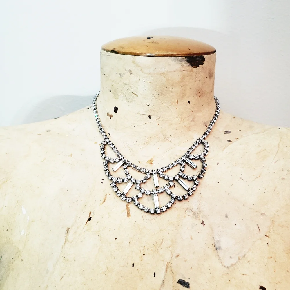 Vintage Rhinestone Statement Bib Necklace Silvertone